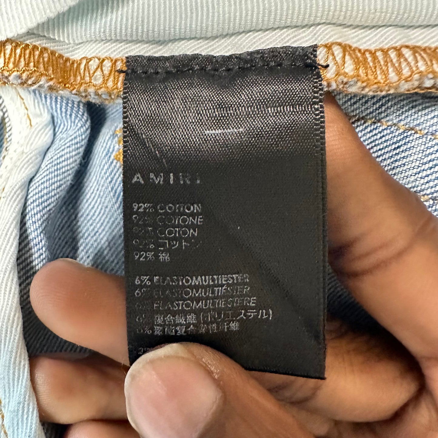 Amiri MX1 Black Leather Light Blue Denim Jeans Sz 30