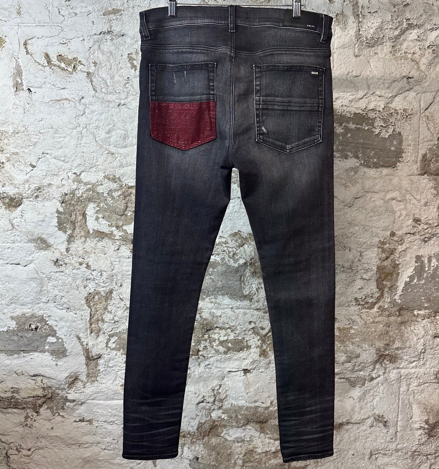 Amiri MX1 Maroon Glitter Grey Denim Jeans Sz 34