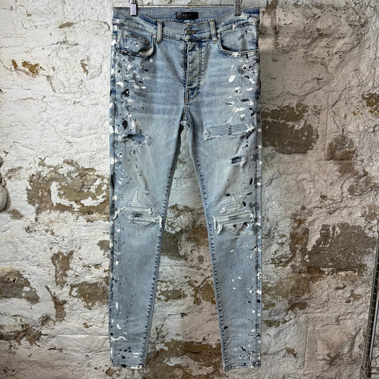 Amiri MX1 Blue Patch Paint Splatter Blue Denim Jeans Sz 32