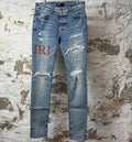 Amiri Brown Leather Spell Blue Denim Jeans Sz 32