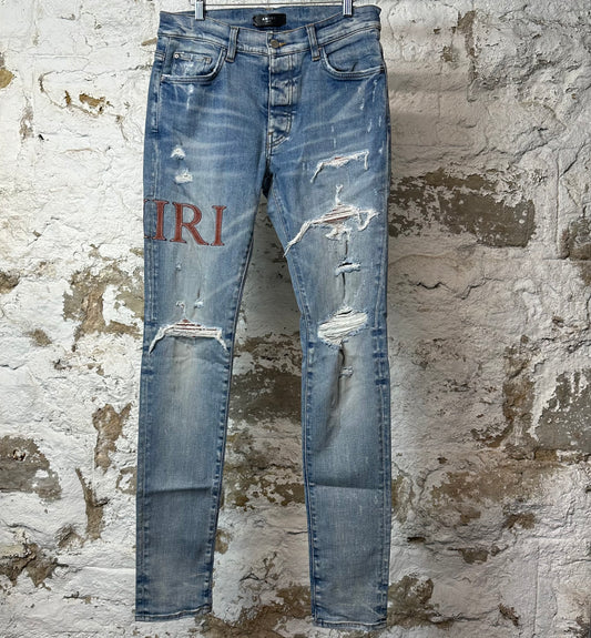 Amiri Brown Leather Spell Blue Denim Jeans Sz 32