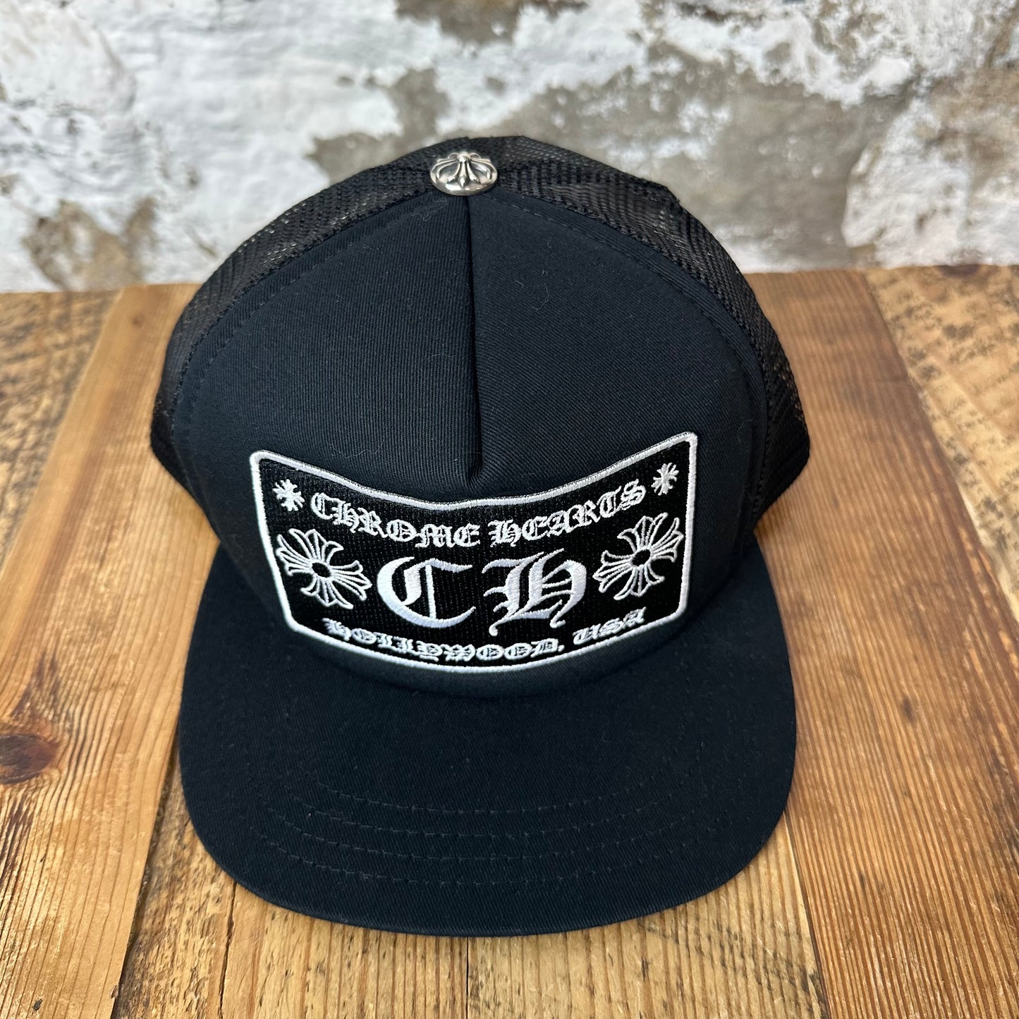 Chrome Hearts CH Hollywood Black White Trucker Hat DS