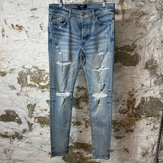 Amiri Plain Blue Distressed Denim Jeans Sz 34