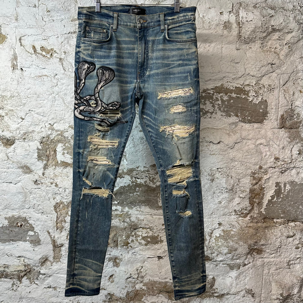 Amiri Black Cobra Distressed Blue Denim Jeans Sz 34