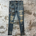Amiri Black Cobra Distressed Blue Denim Jeans Sz 34