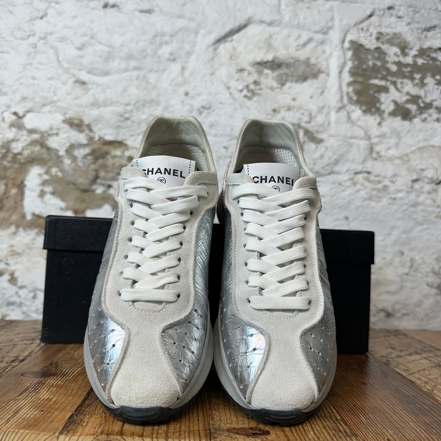Chanel Silver CC Laminated Suede Trainer Sneaker Sz 6 (38.5)