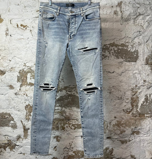 Amiri MX1 Black Leather Washed Blue Denim Jeans Sz 34