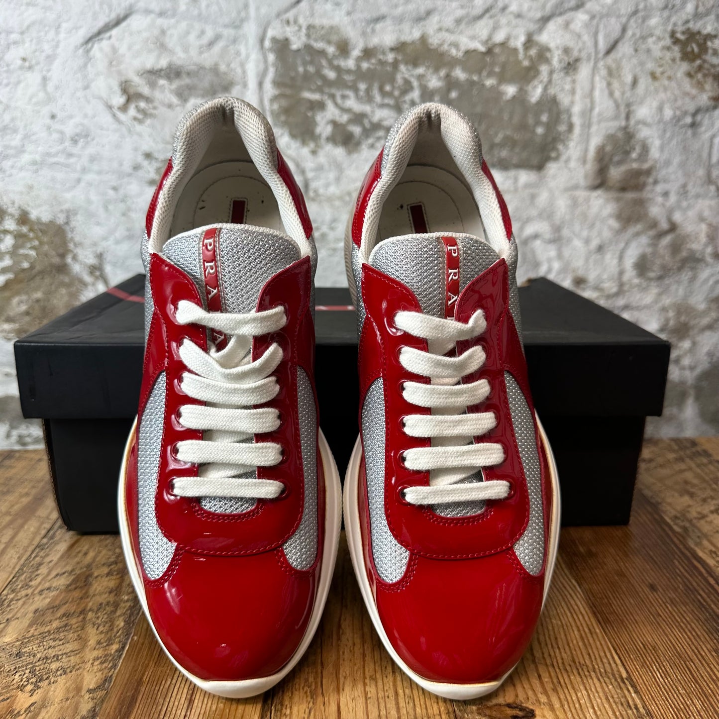 Prada Americas Cup Red Patent Grey White Sneaker Sz 7.5