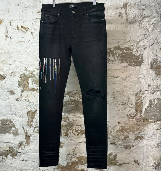 Amiri Paint Drip Spell Black Denim Jeans Sz 34