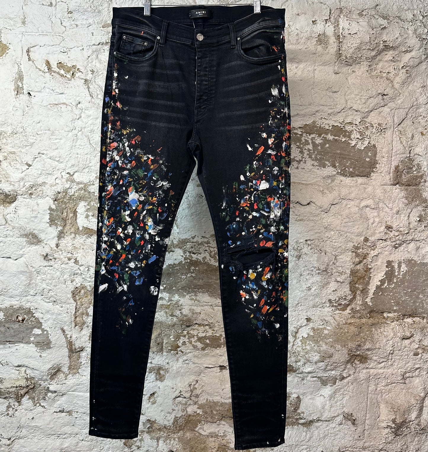 Amiri Multicolor Paint Splatter Black Denim Jeans Sz 36
