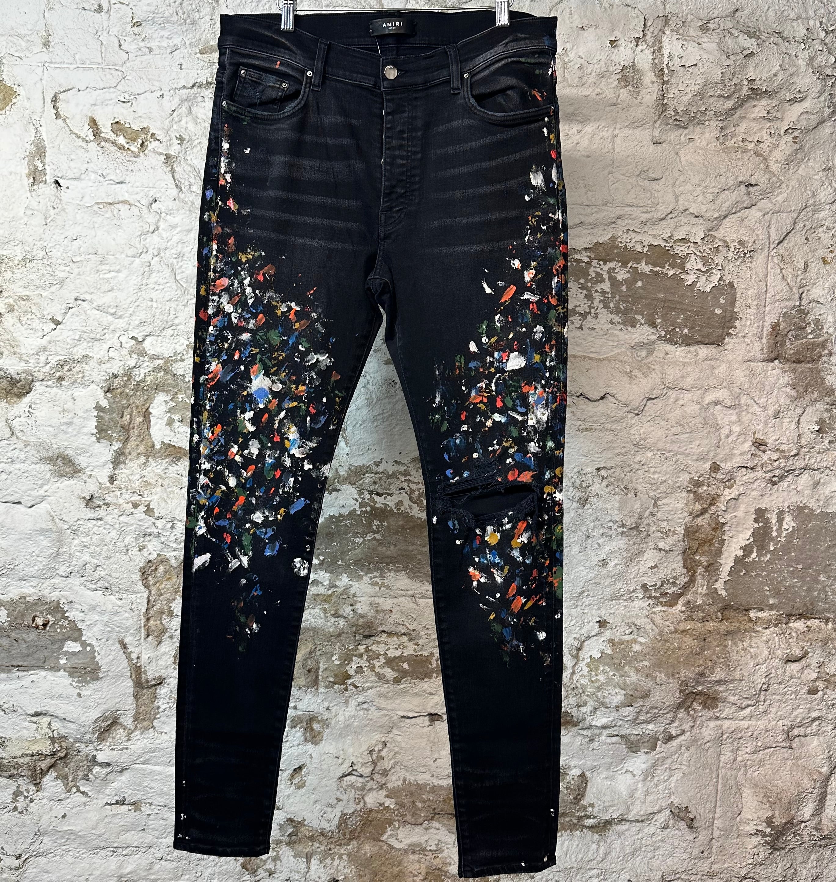 Amiri Multicolor Paint Splatter Black Denim Jeans Sz 36