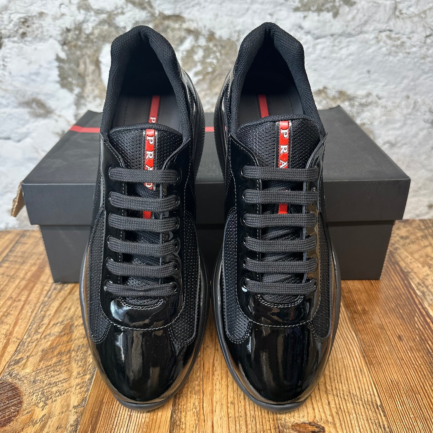 Prada Americas Cup Triple Black Patent Sneaker Sz 10 DS