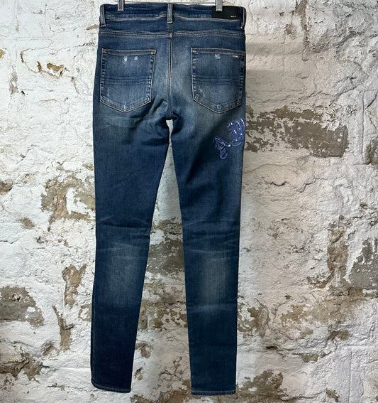 Amiri Purple Old English Spell Dark Blue Denim Jeans Sz 32