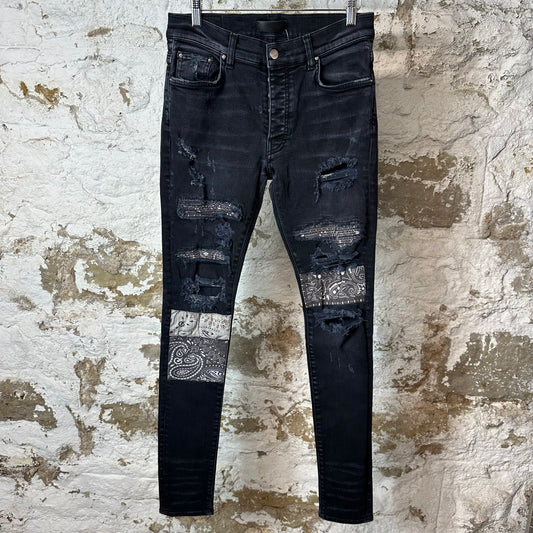 Amiri MX1 Grey Paisley Patches Black Denim Jeans Sz 30