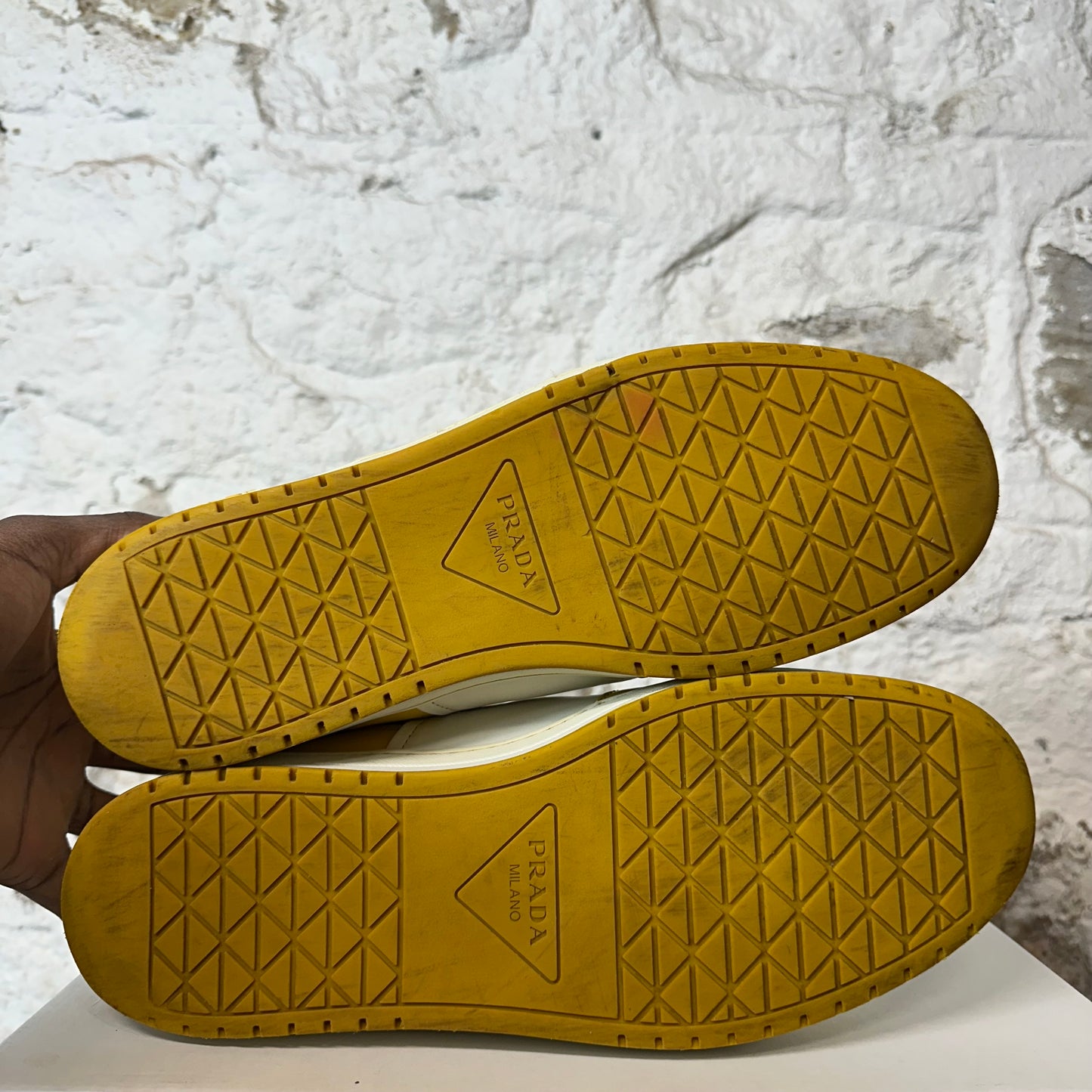 Prada Downtown Leather Yellow White Sneaker Sz 10
