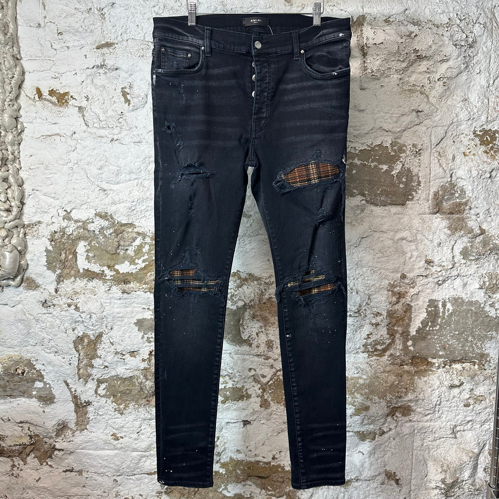 Amiri MX1 Brown Plaid Flannel Black Denim Jeans Sz 36