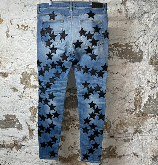 Amiri Black Leather Star Chemist Blue Denim Jeans Sz 38