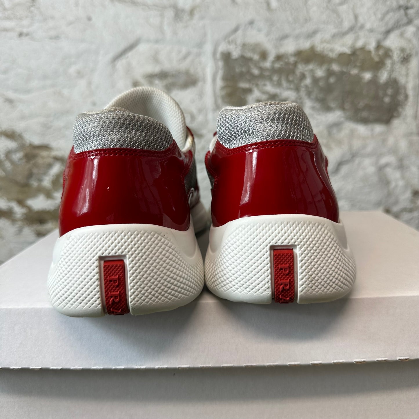 Prada Americas Cup Red Patent Grey White Sneaker Sz 9