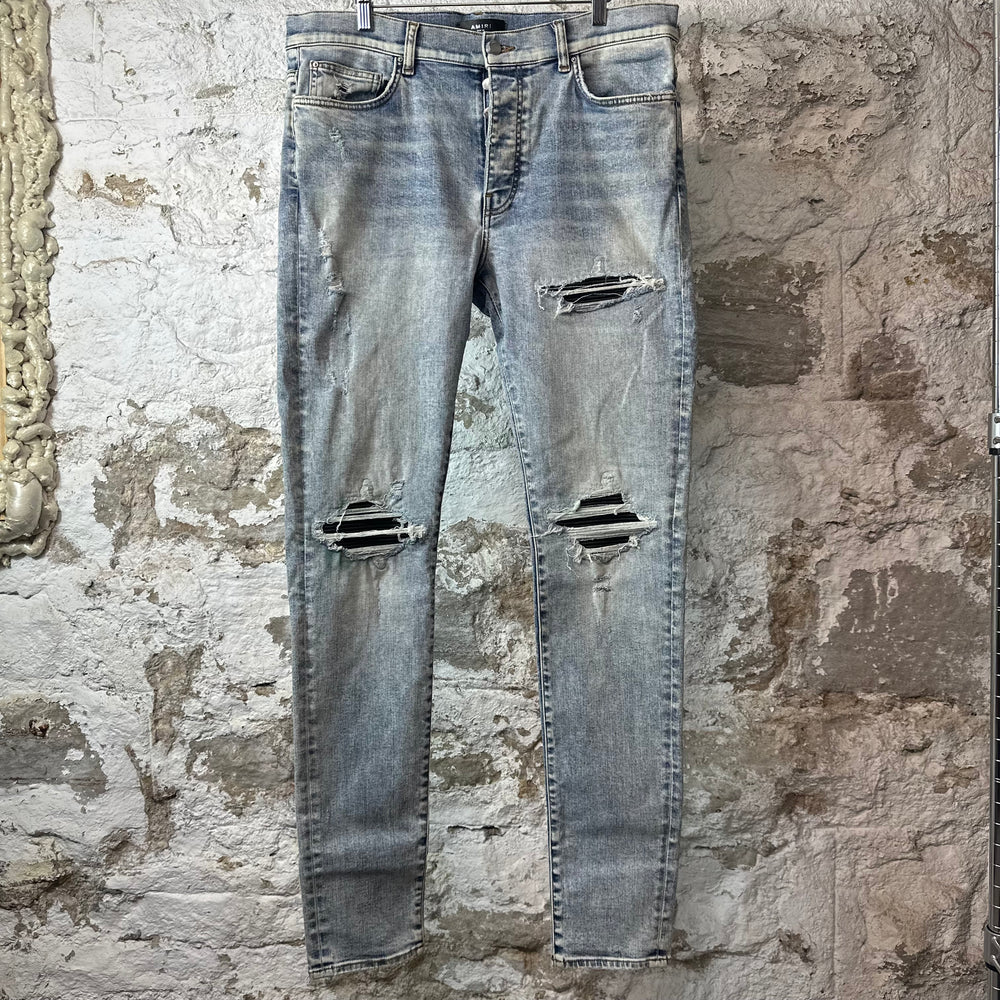 Amiri MX1 Black Leather Washed Blue Denim Jeans Sz 36