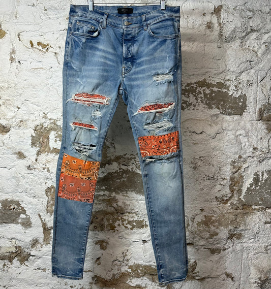 Amiri MX1 Orange Paisley Patches Blue Denim Jeans Sz 34
