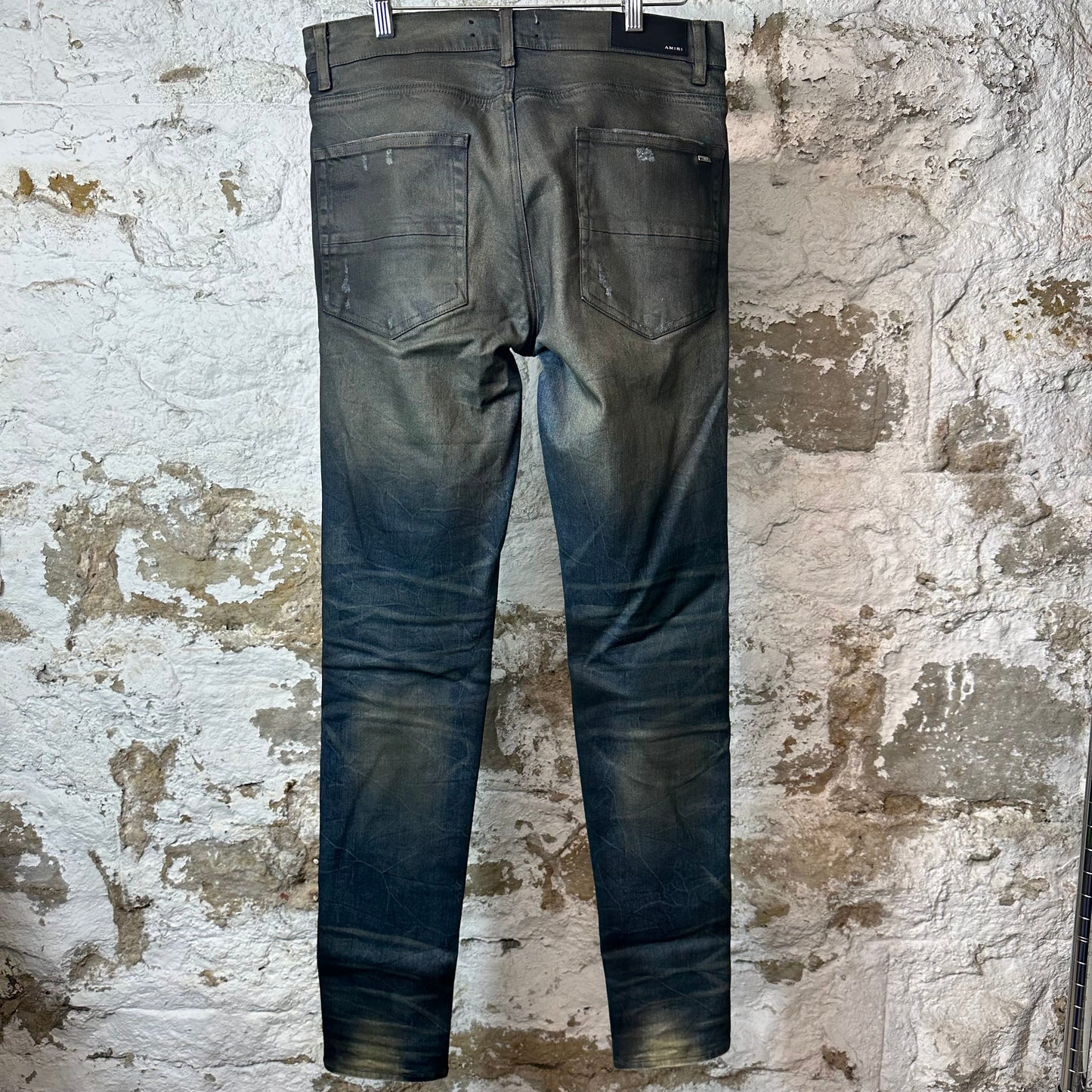 Amiri MX1 Beige Knitted Waxed Blue Denim Jeans Sz 34