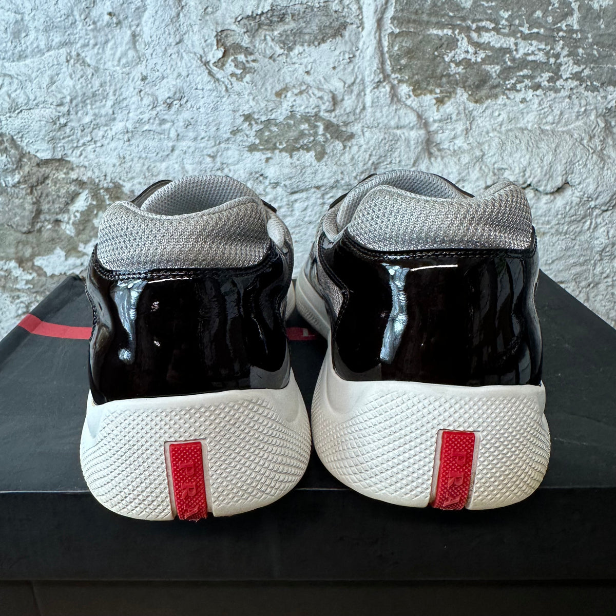 Prada Americas Cup Black Patent Grey White Sneaker Sz 10.5