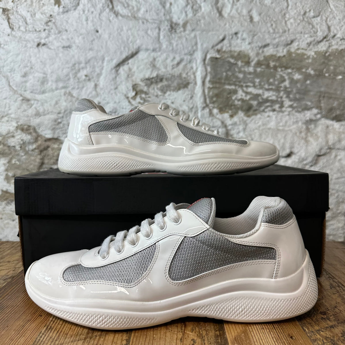 Prada Americas Cup White Patent Grey White Sneaker Sz 9