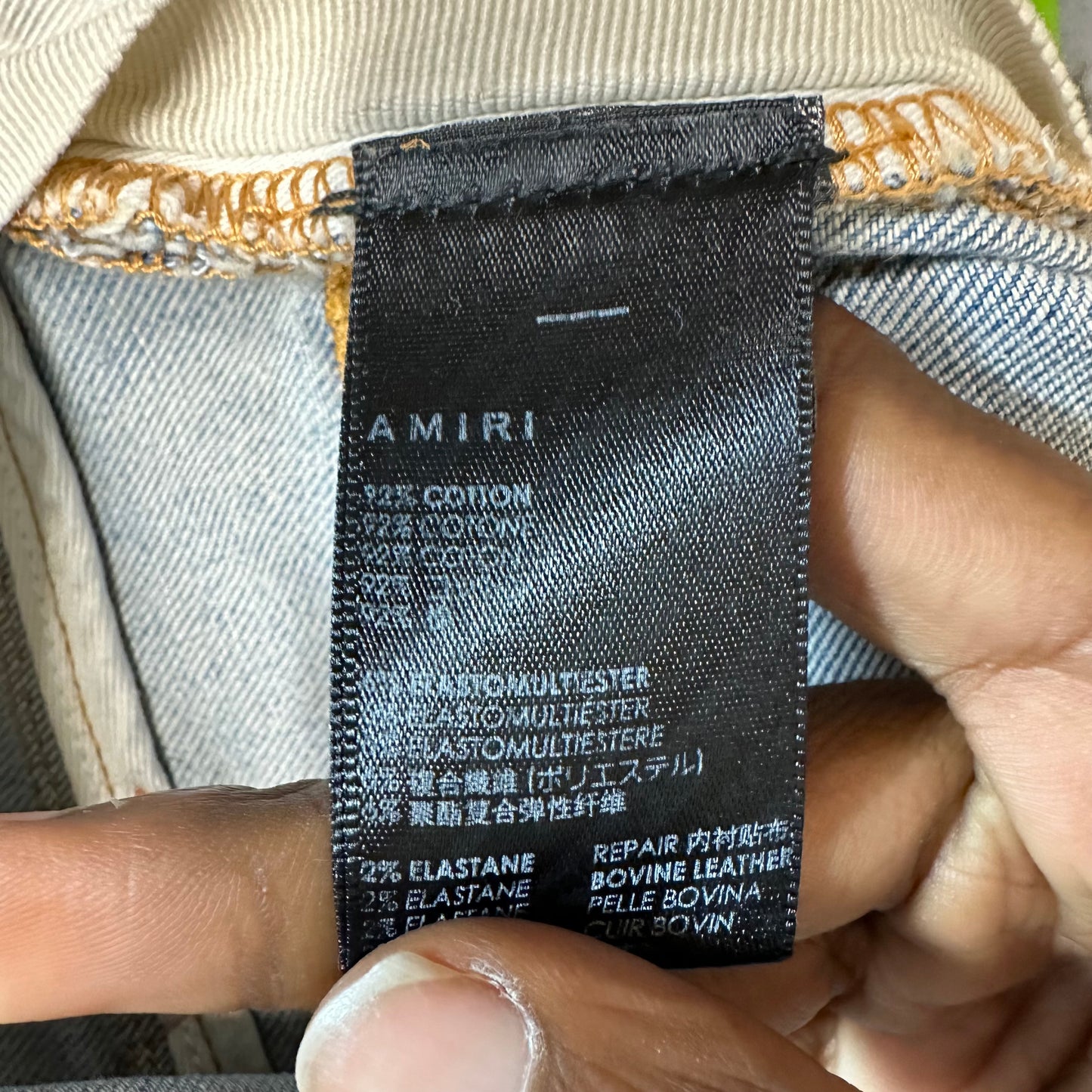 Amiri Orange Leather Star Chemist Blue Denim Jeans Sz 30