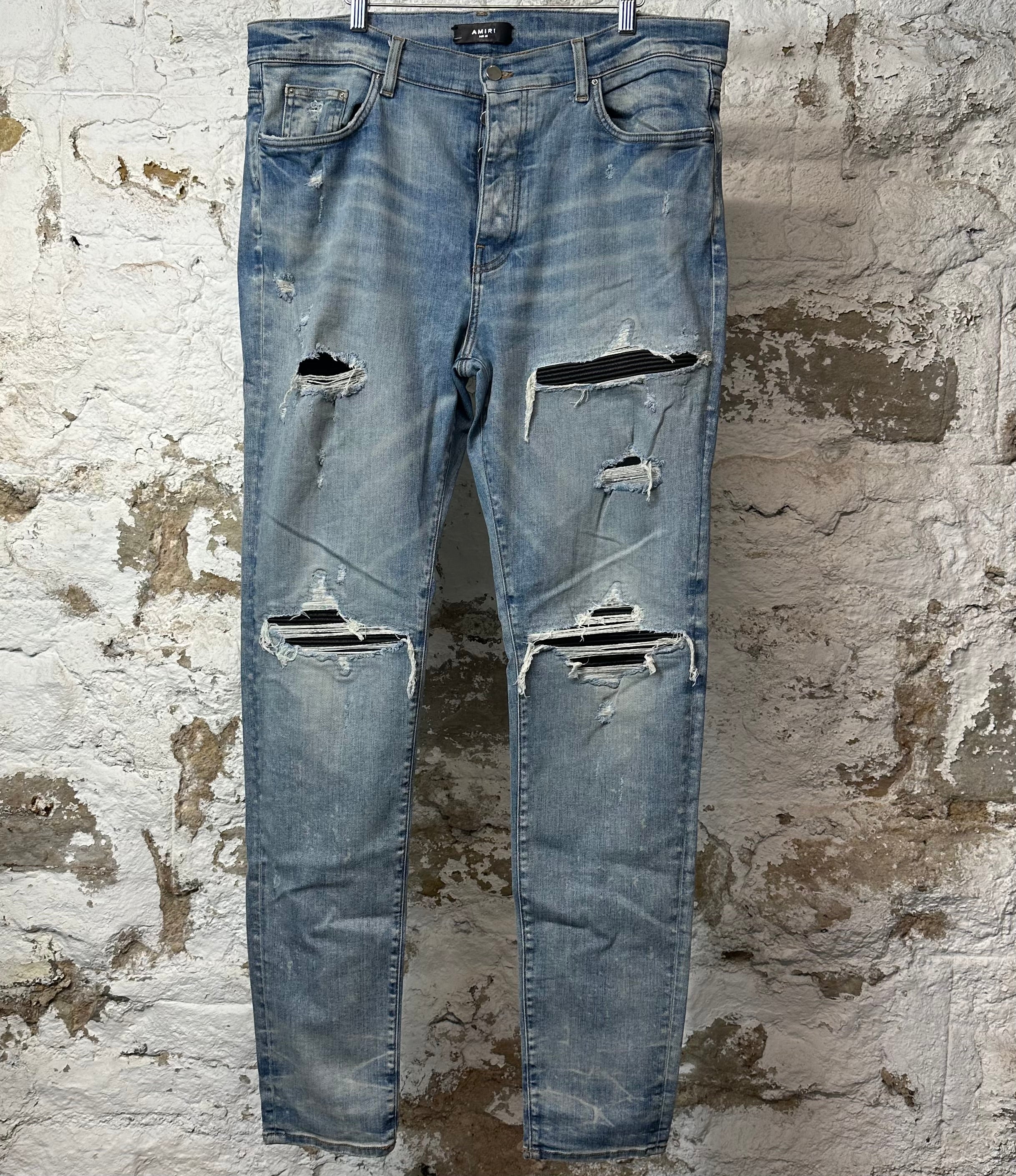 Amiri MX1 Black Leather Blue Denim Jeans Sz 38