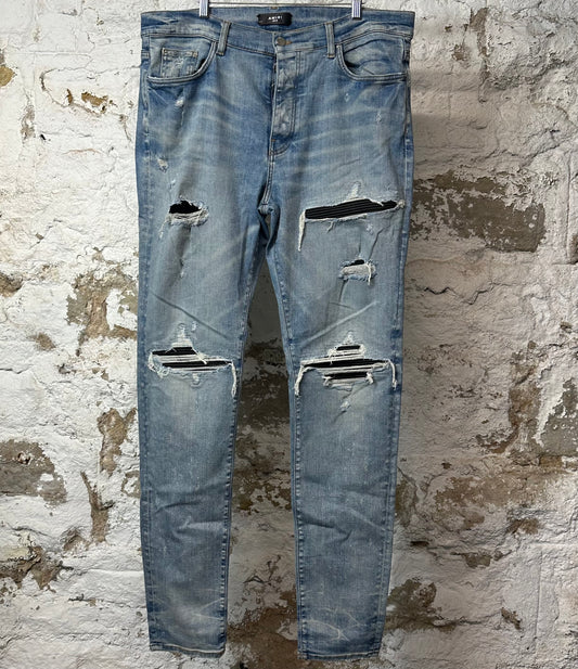 Amiri MX1 Black Leather Blue Denim Jeans Sz 38
