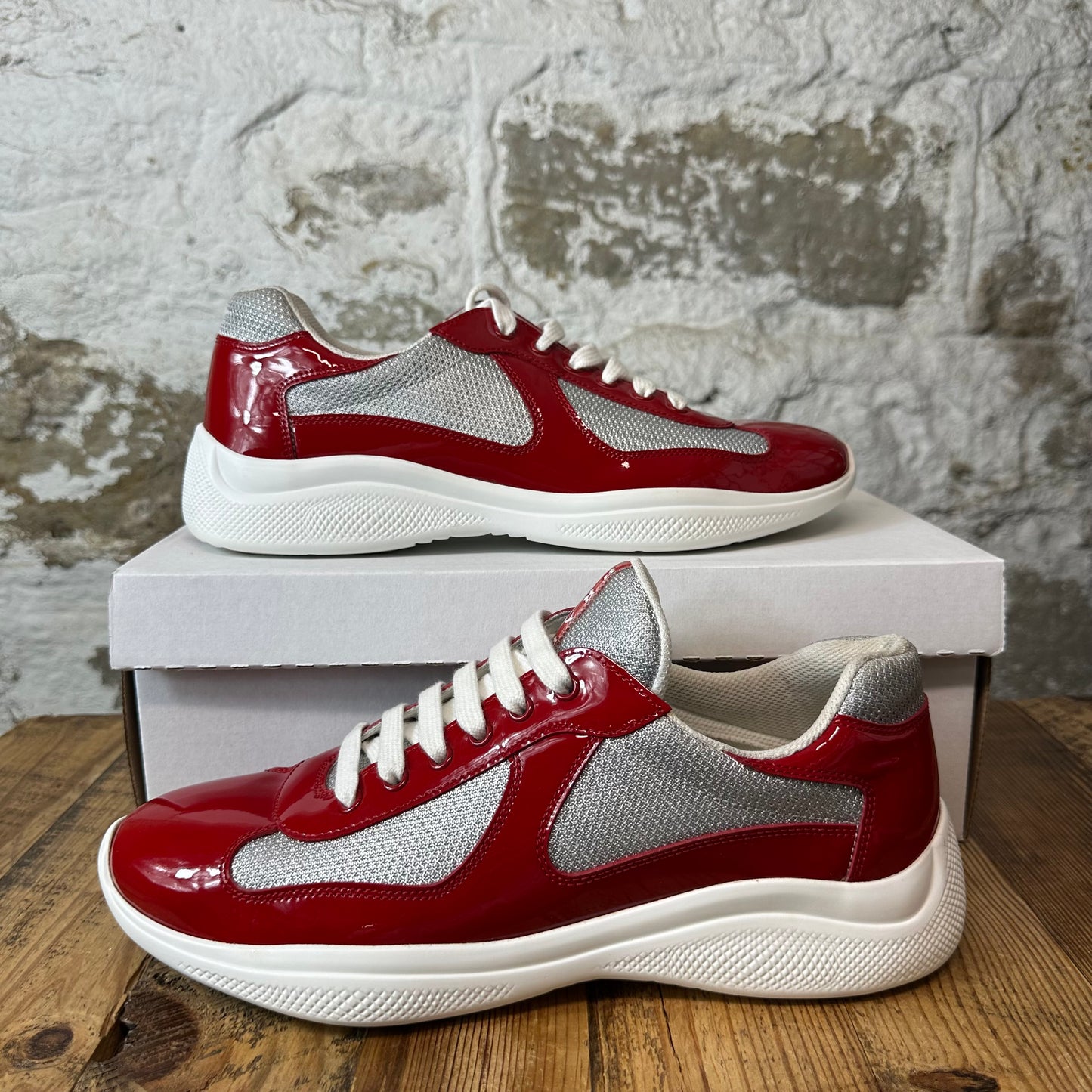 Prada Americas Cup Red Patent Grey White Sneaker Sz 9