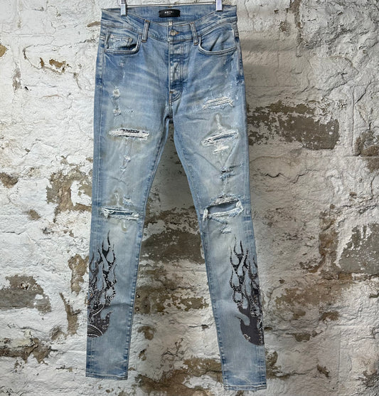 Amiri Brown Black Paisley Flames Blue Denim Jeans Sz 30
