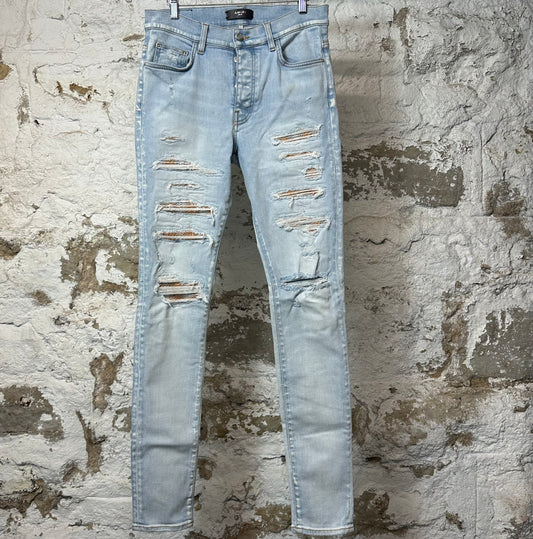Amiri MX1 Orange Tie Dye Light Blue Denim Jeans Sz 32
