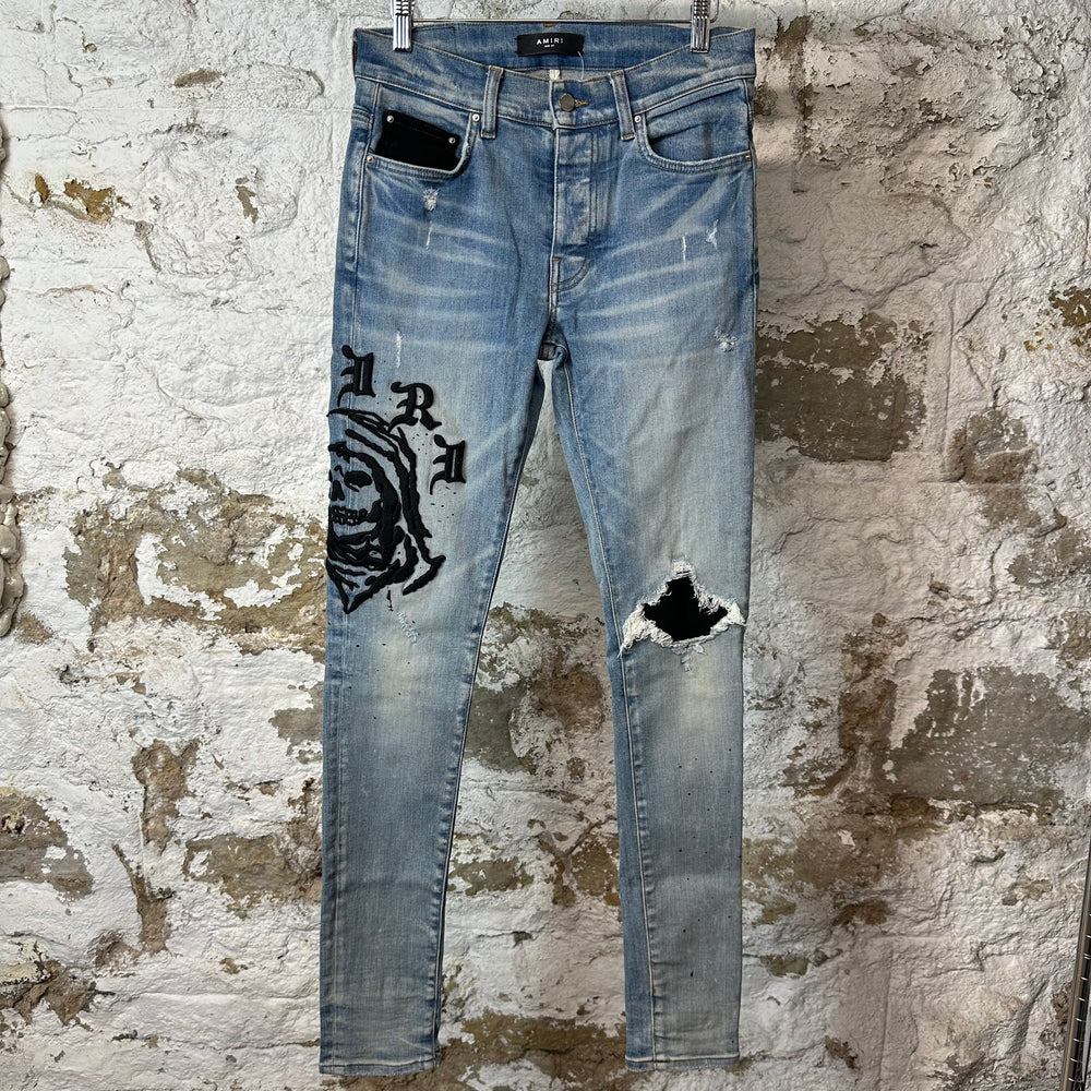Amiri Embroidered Reaper Logo Blue Denim Jeans Sz 29