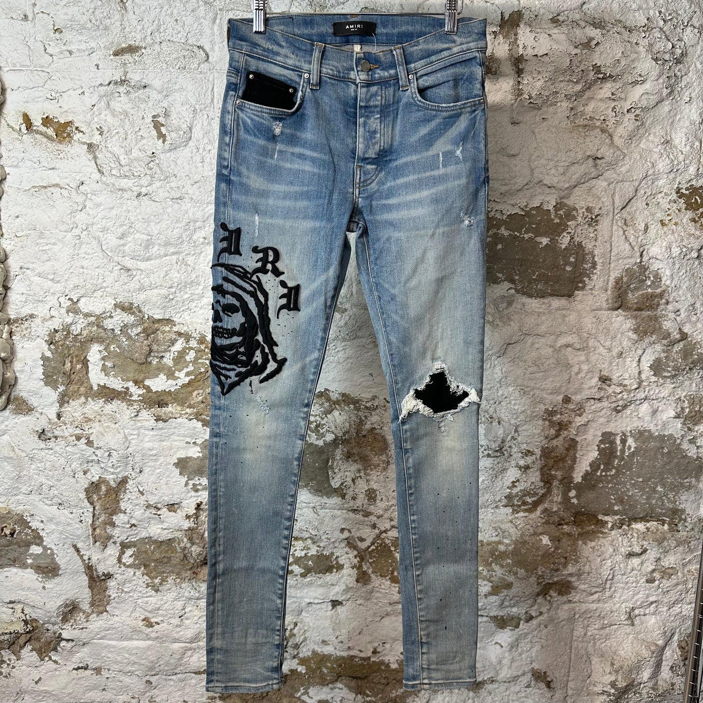 Amiri Embroidered Reaper Logo Blue Denim Jeans Sz 29