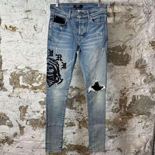 Amiri Embroidered Reaper Logo Blue Denim Jeans Sz 29