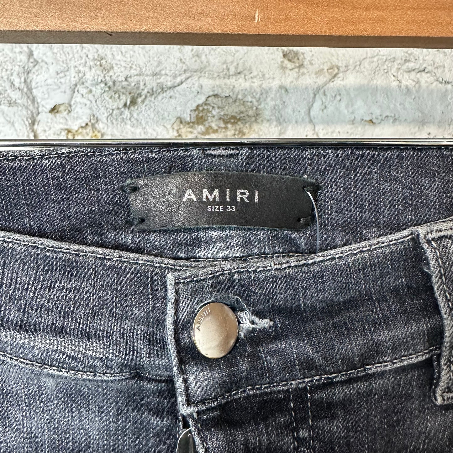 Amiri MX1 Black Leather Grey Denim Jeans Sz 33