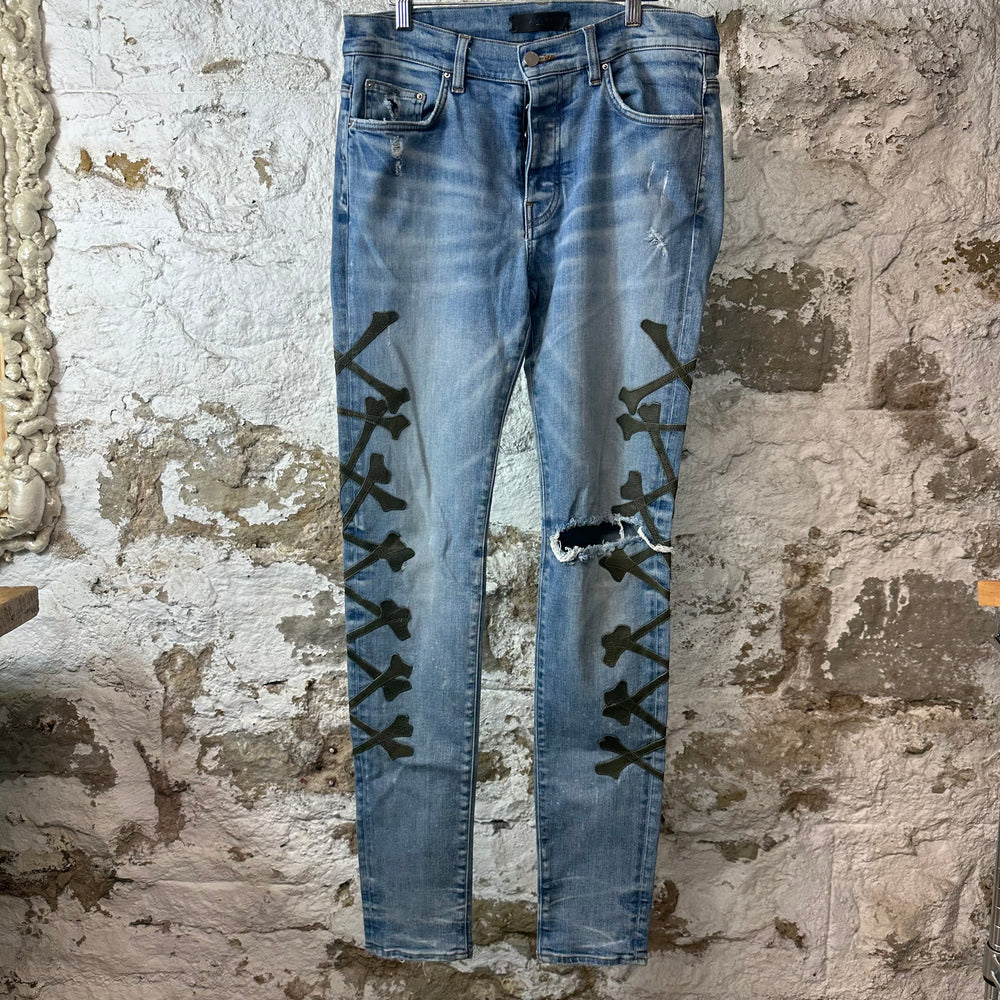Amiri Green Camo Bones Blue Denim Jeans Sz 33