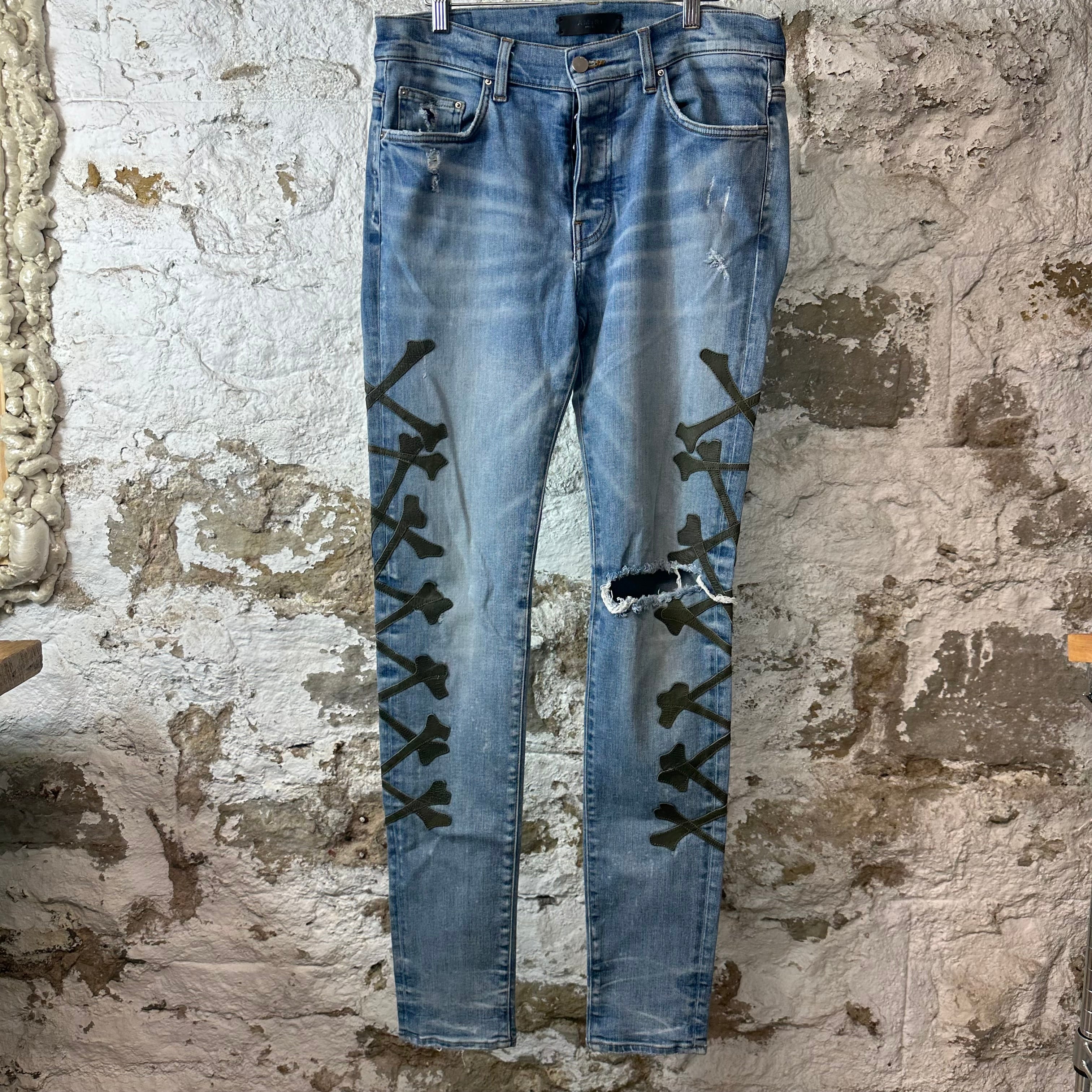 Amiri Green Camo Bones Blue Denim Jeans Sz 33