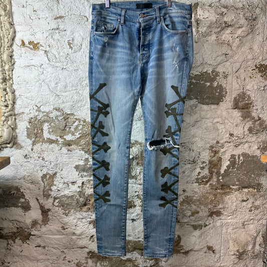 Amiri Green Camo Bones Blue Denim Jeans Sz 33