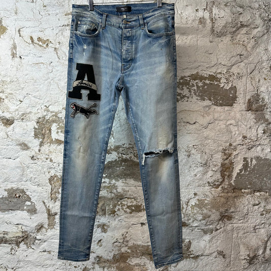 Amiri Black Varsity Logo Blue Denim Jeans Sz 34