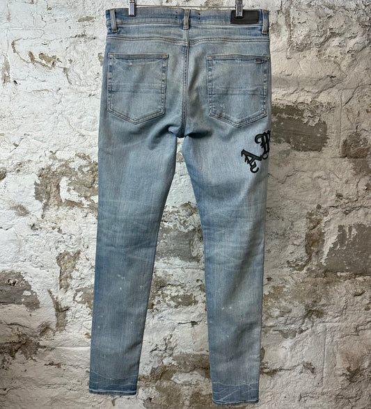Amiri Old English Spell Blue Denim Jeans Sz 34