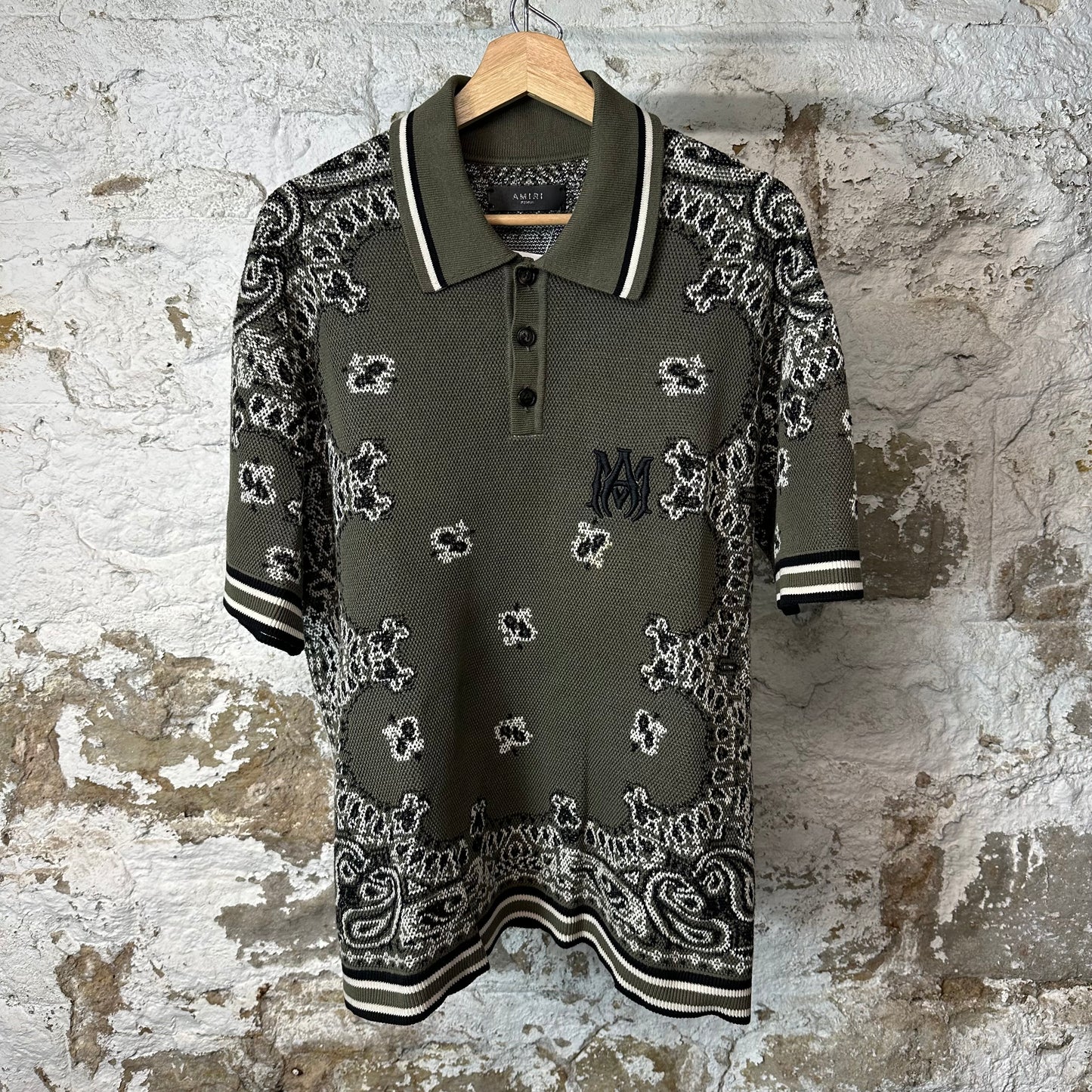 Amiri Olive Paisley Knit Polo Shirt Sz M