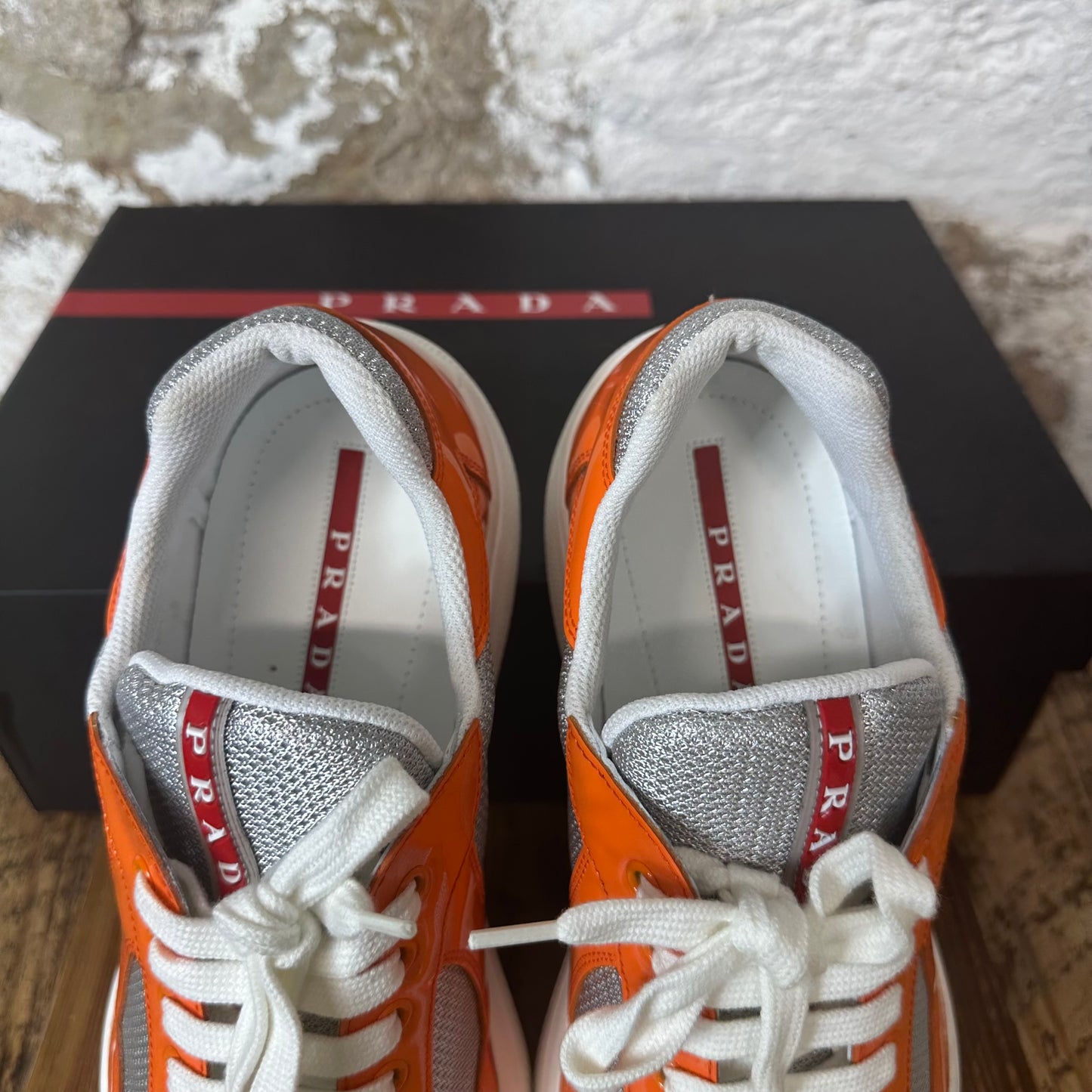 Prada Americas Cup Orange Patent Grey White Sneaker Sz 9.5