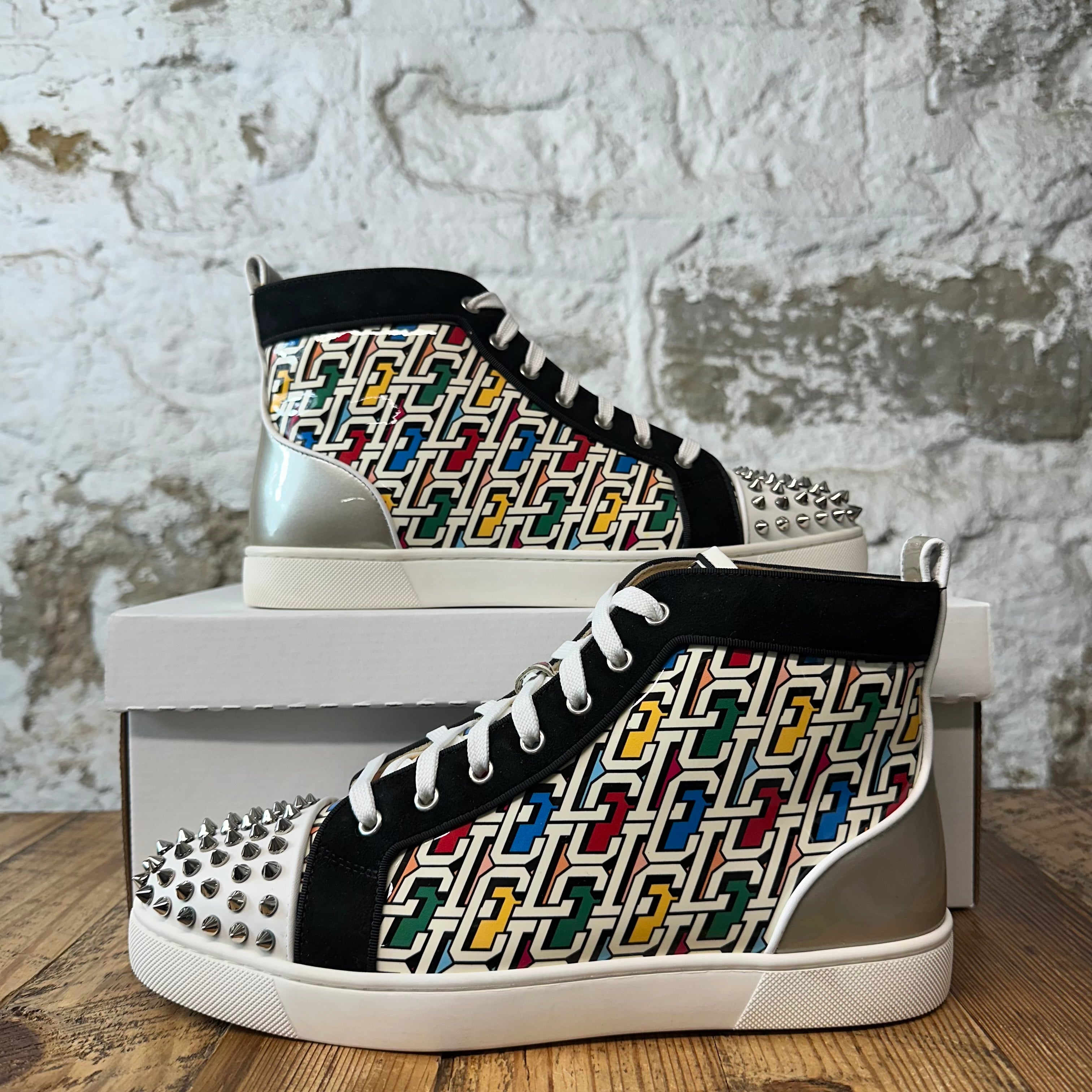 Christian Louboutin High Multicolor Monogram White Spike Sneaker Sz 9 (42)