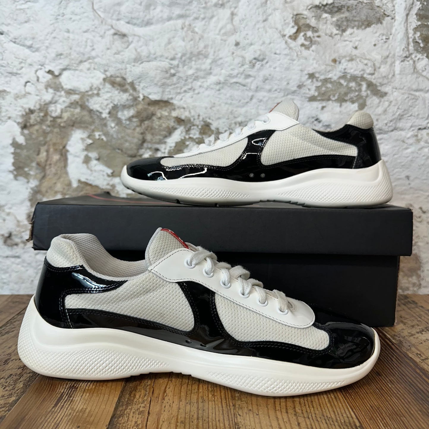 Prada Americas Black Patent Cream White Sneaker Sz 8