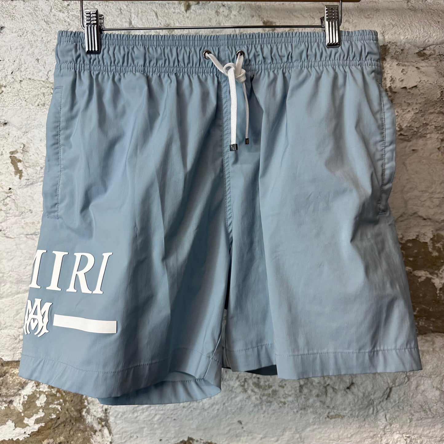 Amiri White Bar Logo Light Blue Trunks Sz M