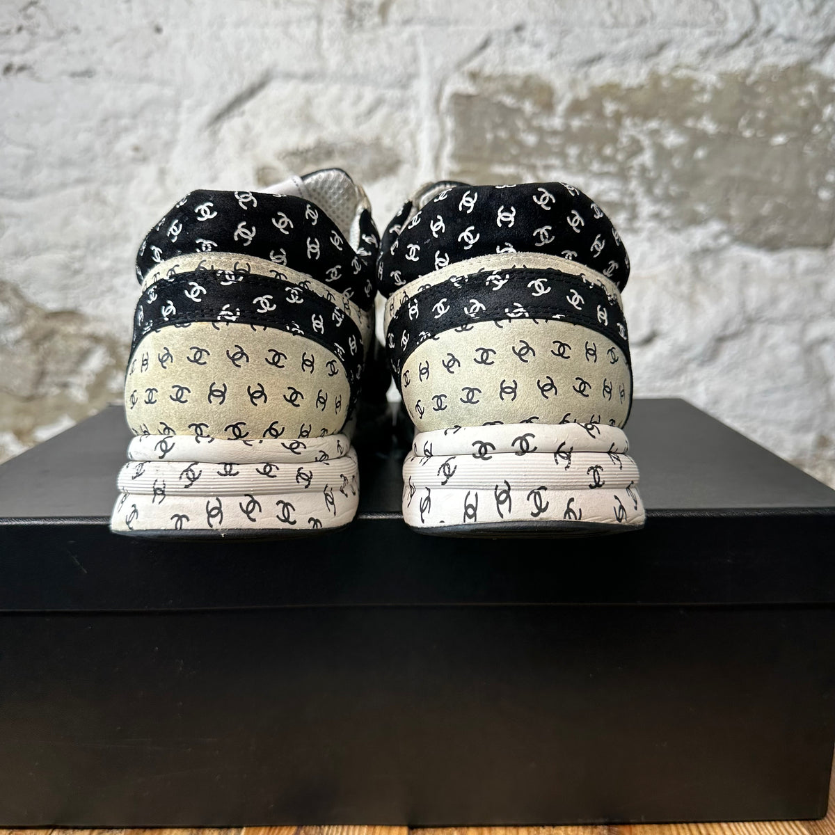 Chanel CC Embossed Beige Black Trainer Sneaker Sz 12 (45)