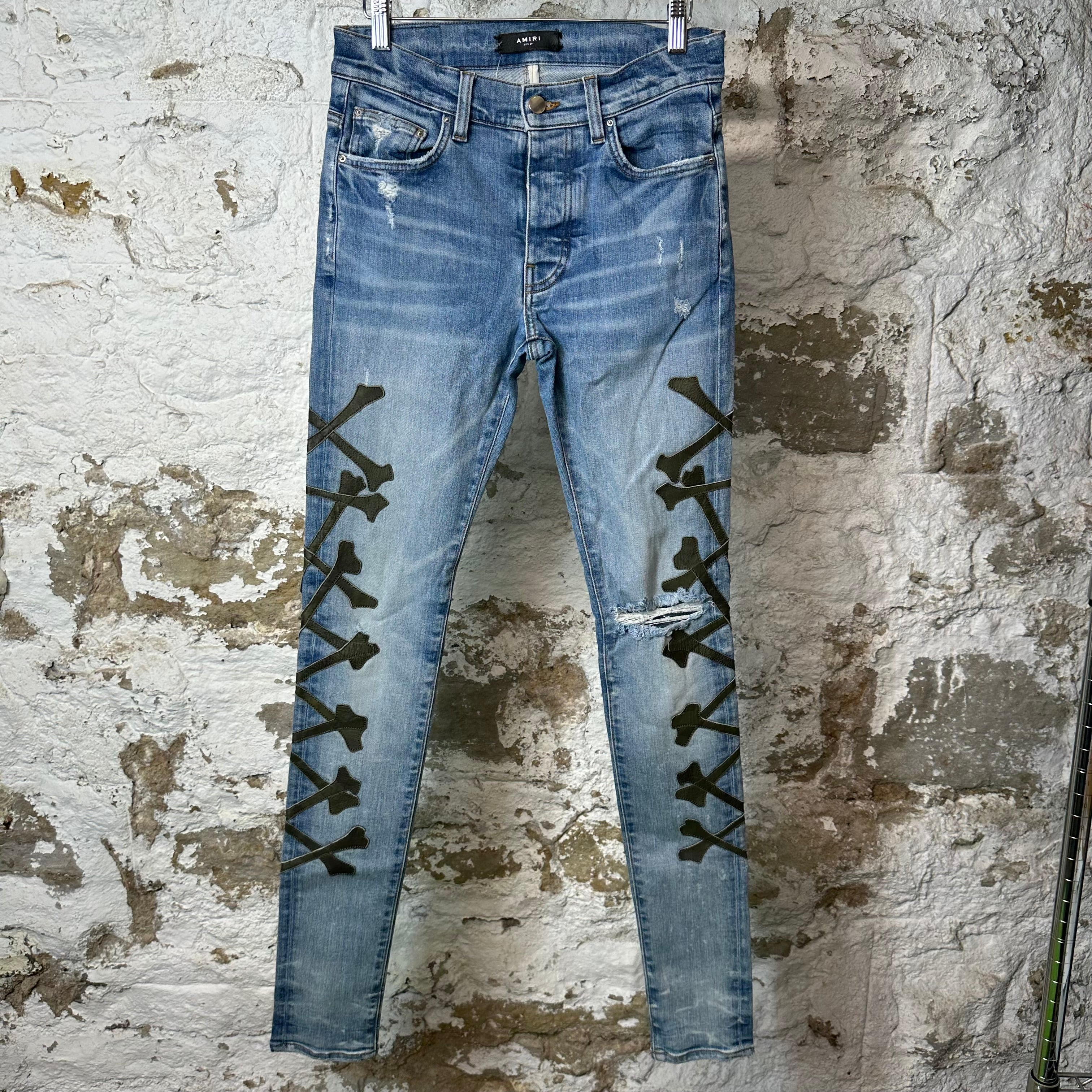Amiri Green Camo Bones Blue Denim Jeans Sz 28