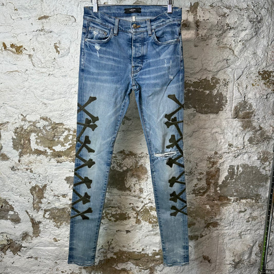 Amiri Green Camo Bones Blue Denim Jeans Sz 28